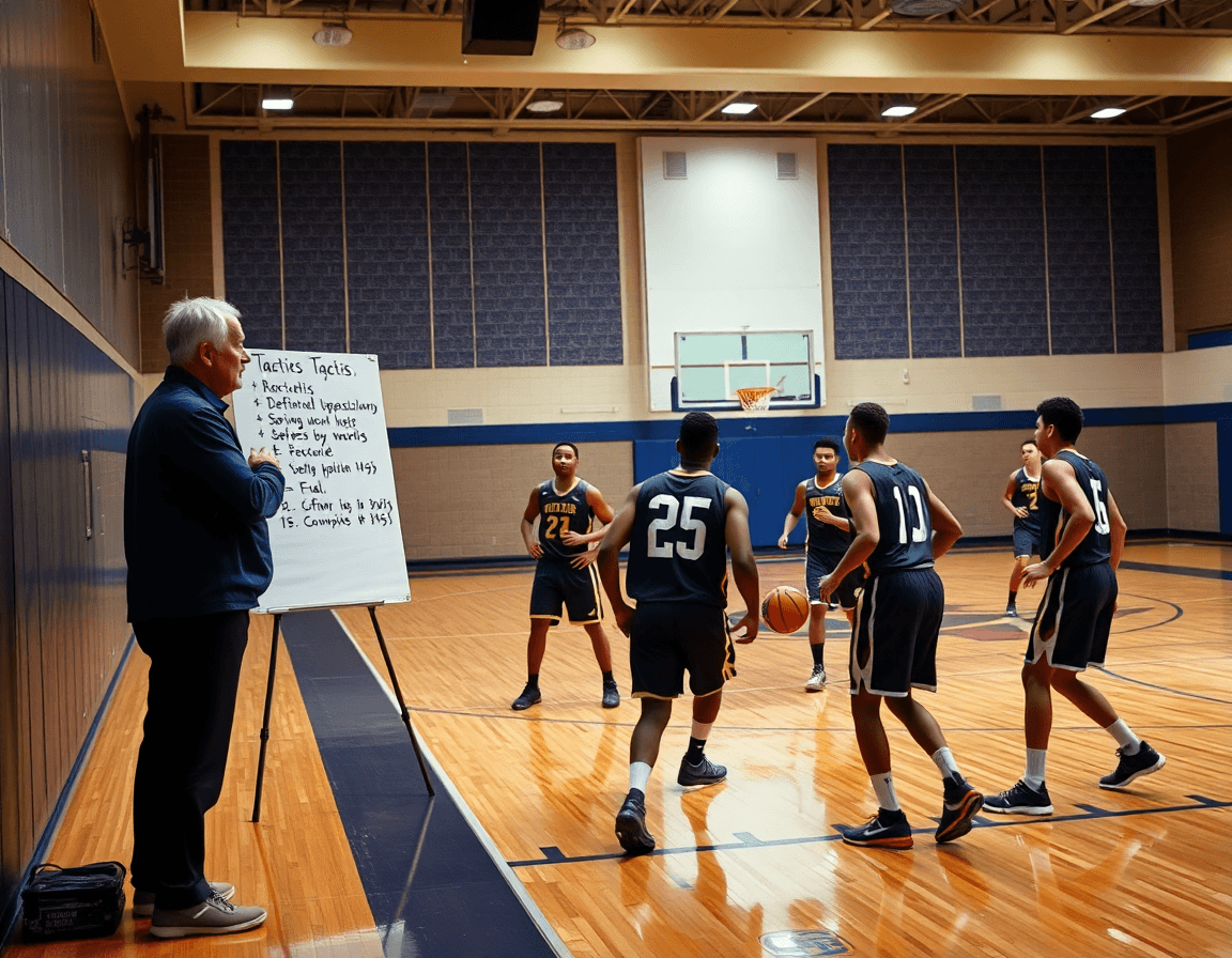 Allenamenti difesa basket: coach mostra obiettivi difensivi sul whiteboard mentre i giocatori eseguono un drill difensivo.