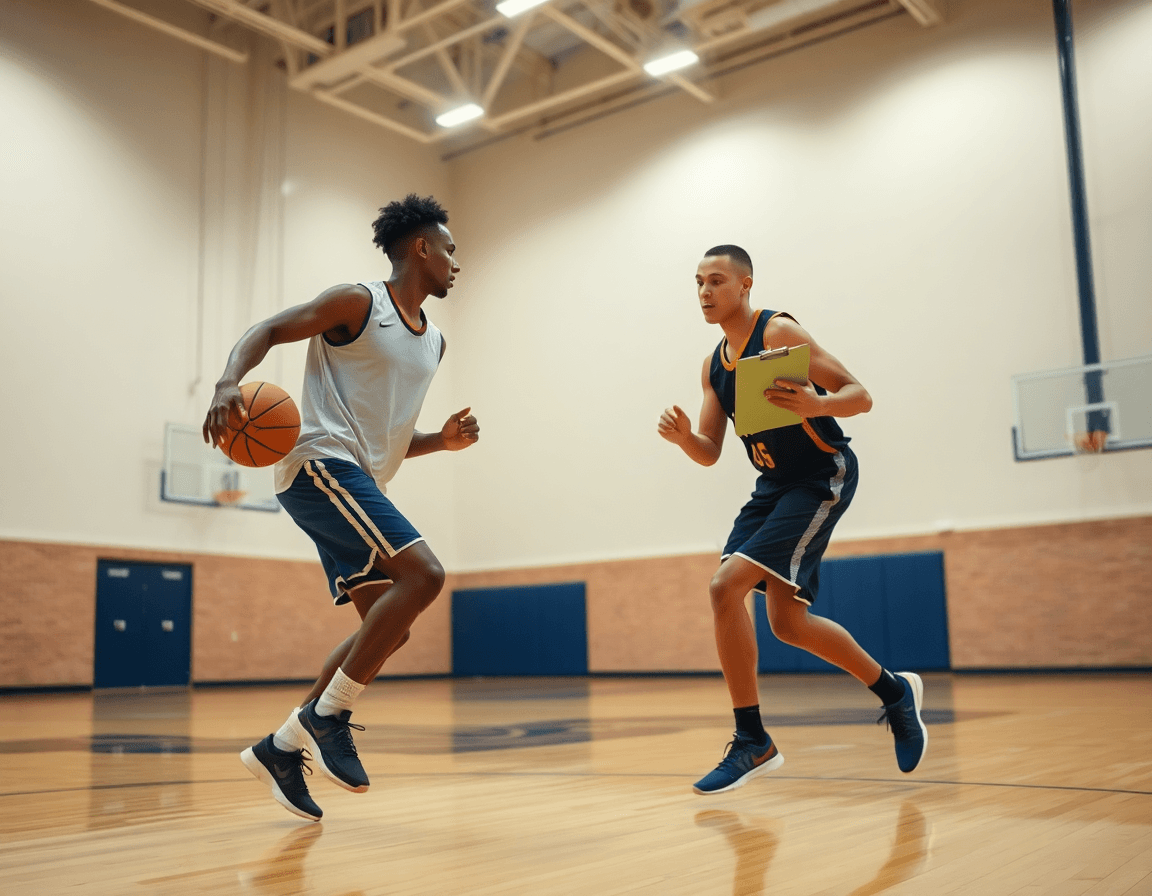 Allenamenti difesa basket: due giocatori in uno contro uno sul parquet, coach indica passi e posizioni.