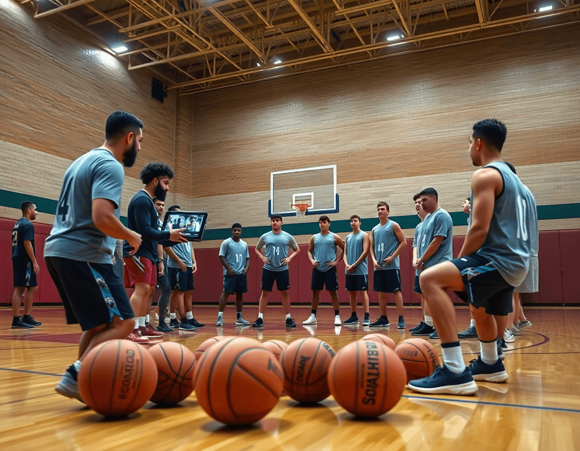 Integrazione video allenamenti difesa basket: coach mostra clip su tablet ai giocatori sul parquet.