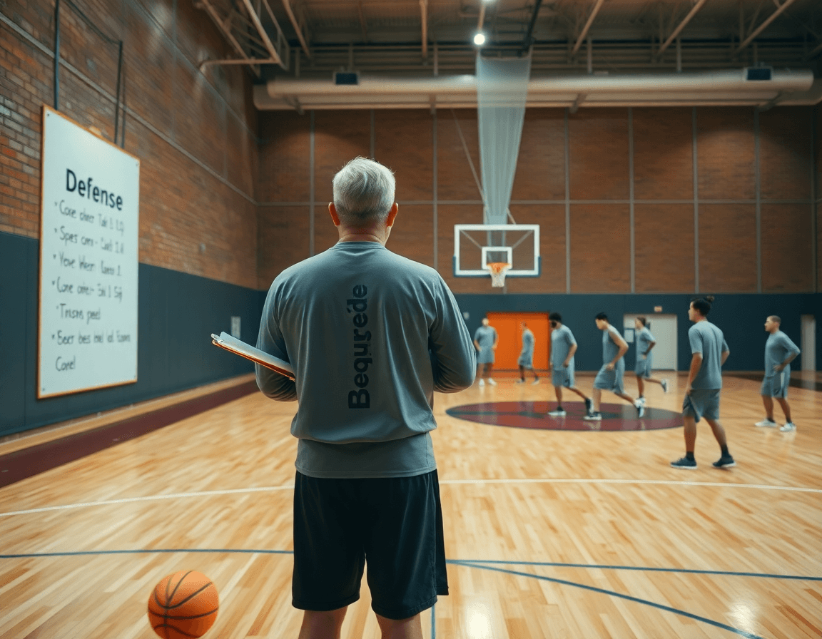 Allenamenti difesa basket: scena di allenatore e squadra nella palestra, difesa dei giocatori con palla arancione.