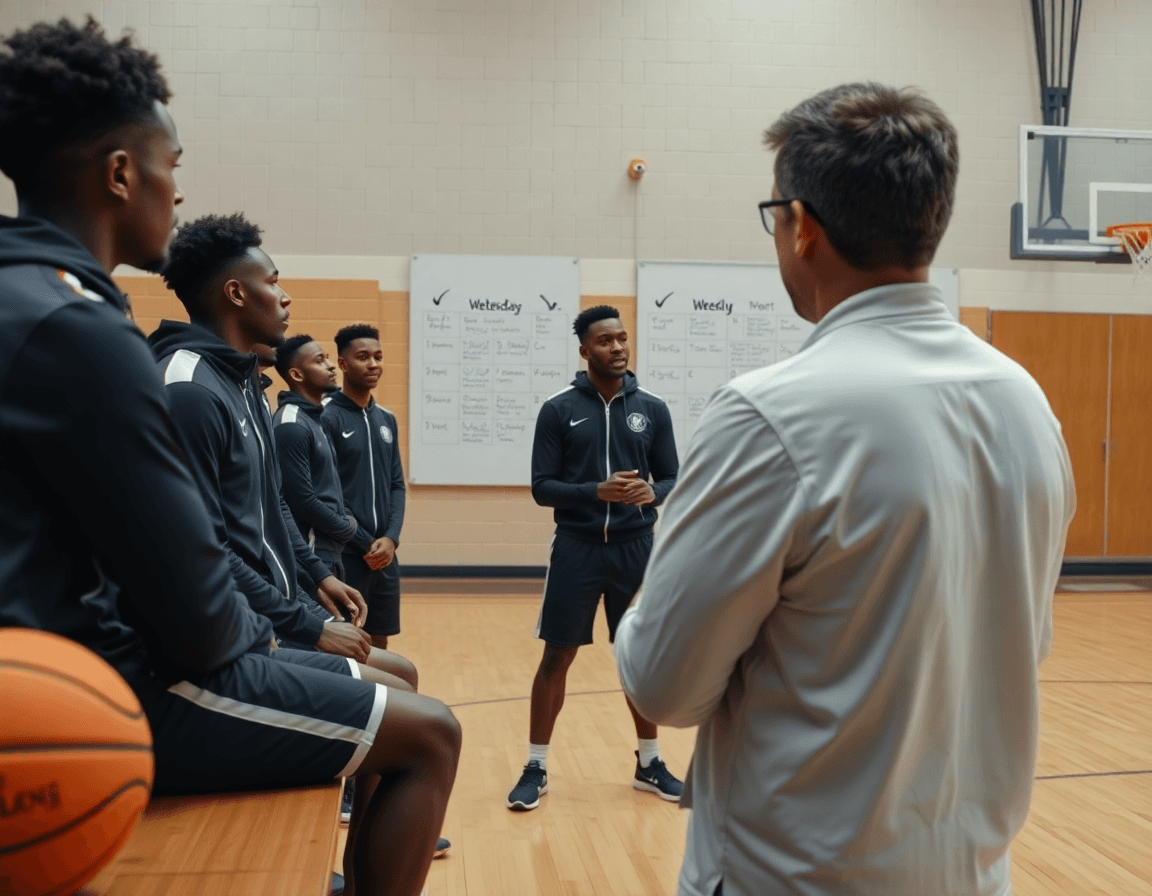 Dettaglio ravvicinato di allenamento basket: coach spiega la settimana di lavoro ai giocatori.