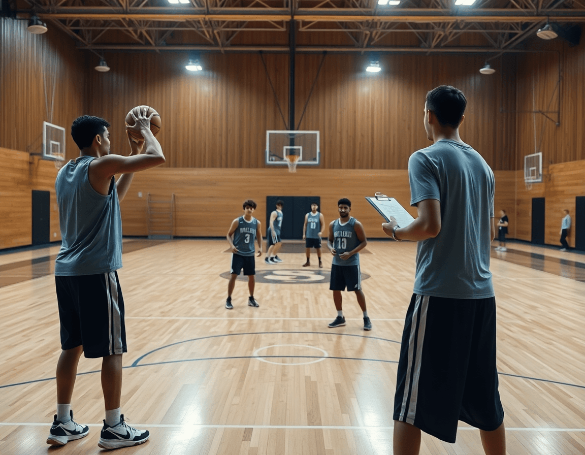 Due giocatori eseguono dribbling, tiro e passaggio durante un esercizio sul parquet del basket.