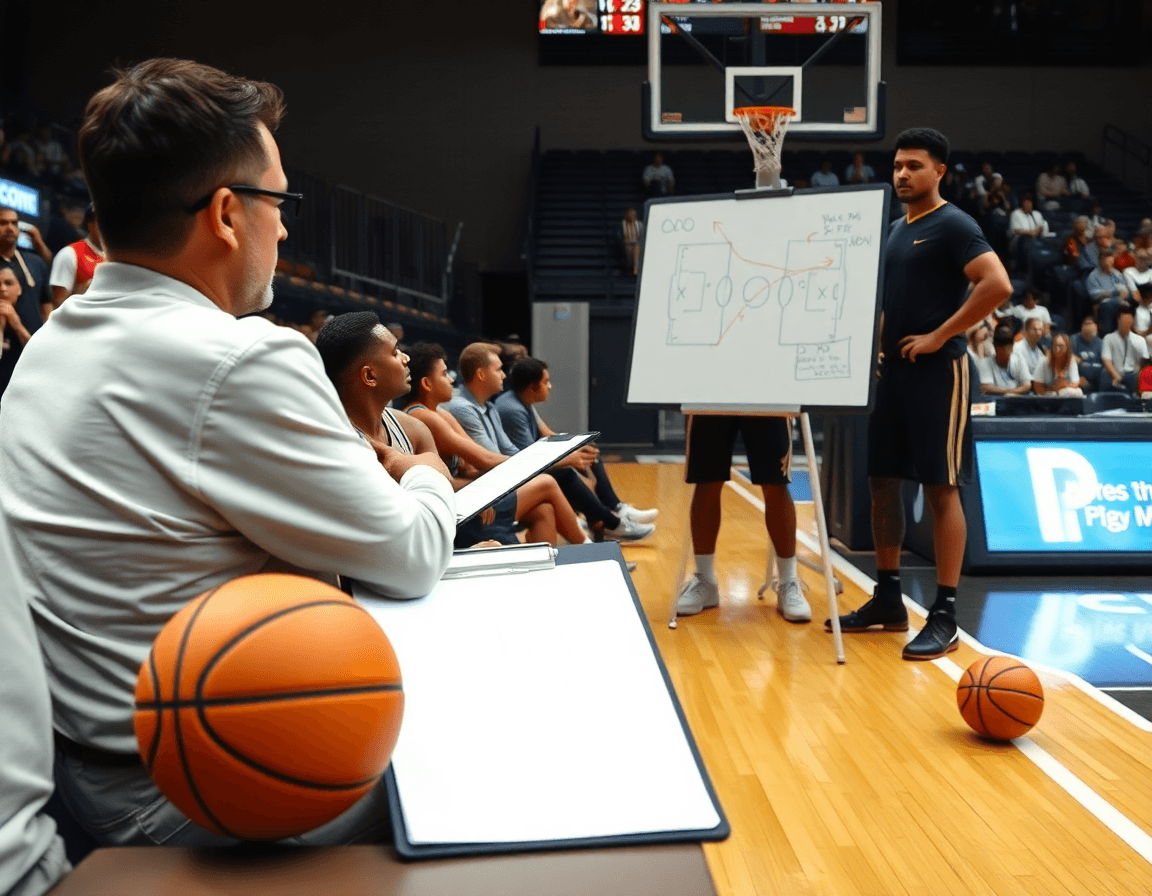 Allenatore sulla panchina schematizza azioni di basket con X e O sul tabellone.