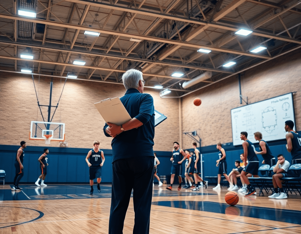 Scena ampia di allenamento basket esercizi in palestra: coach con clipboard guida la squadra sul parquet.