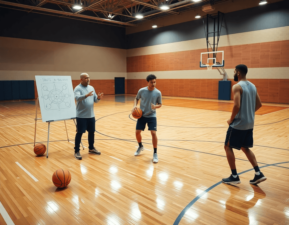 Scena iniziale di allenamento basket giovanile, coach con lavagna tattica guida i passaggi.