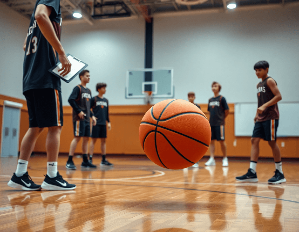 Dettaglio mani su pallone arancione; allenamento basket giovanile, lavagna tattica sullo sfondo.