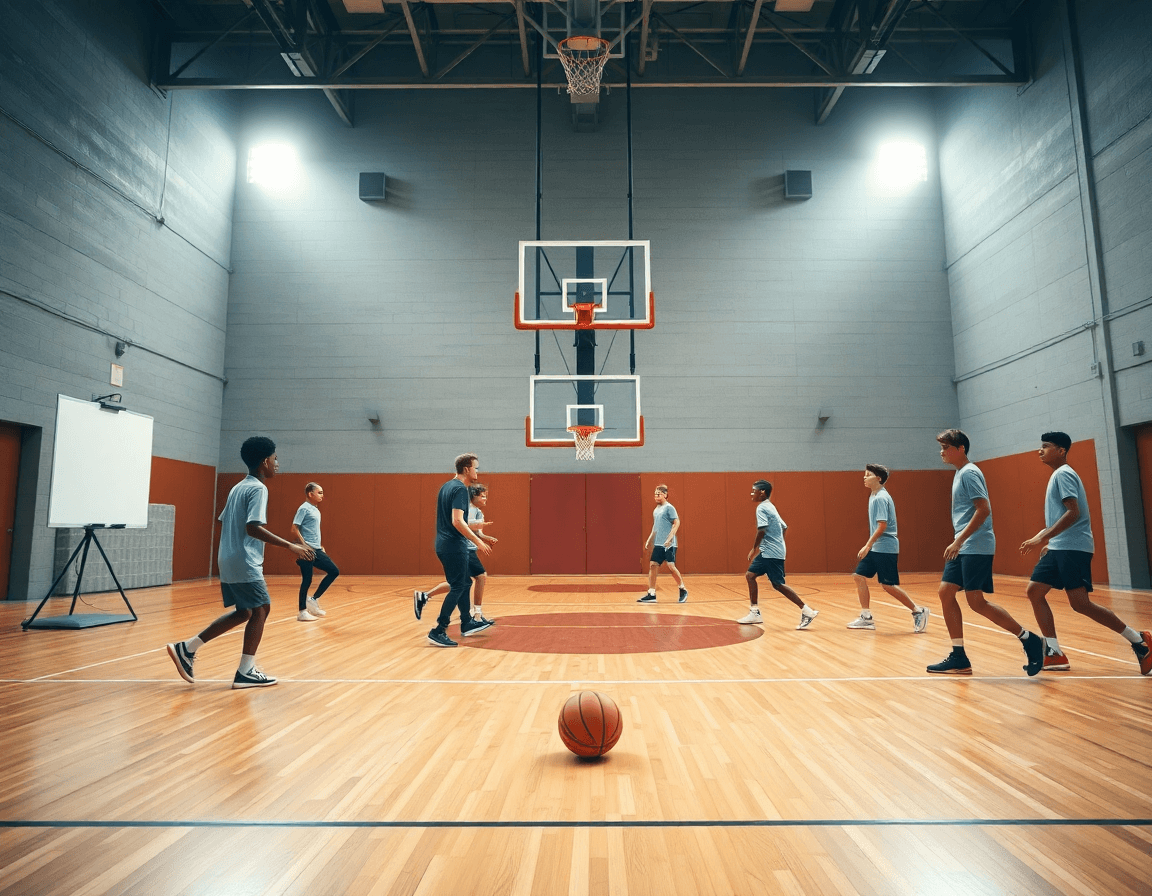 Scena ampia di allenamento basket giovanile sul parquet, coach con lavagna tattica dirige i passaggi.