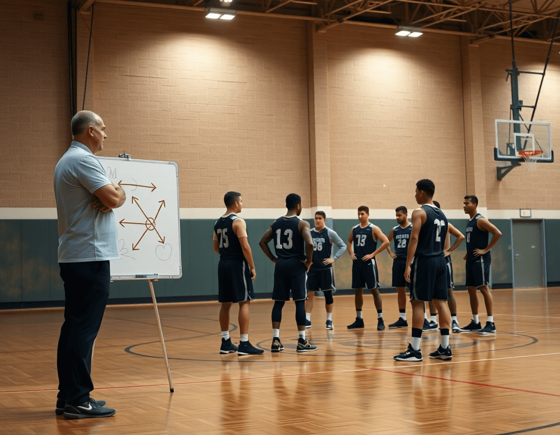 Allenamento basket: primo piano sulle mani, palla e lavagna tattica con frecce.