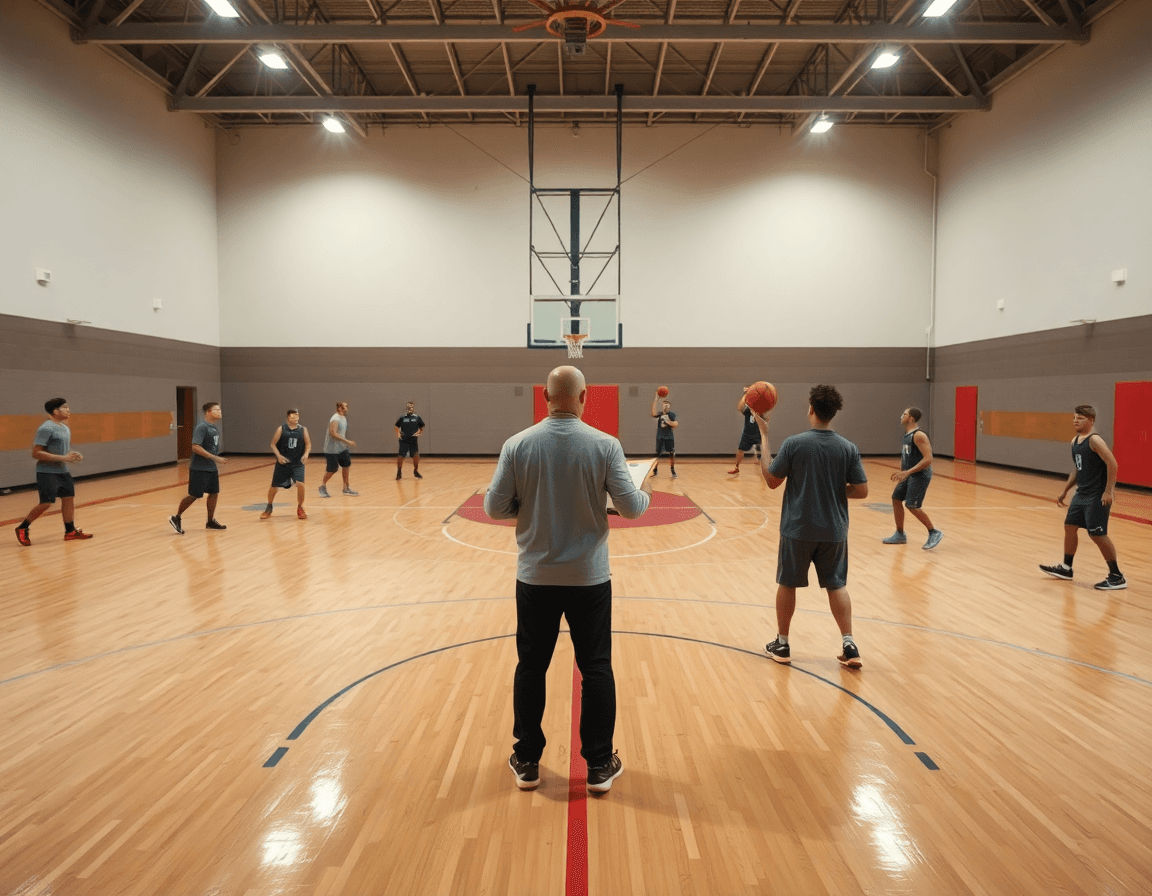 Scena ampia di allenamento basket in palestra, coach col clipboard e giocatori in allenamento.
