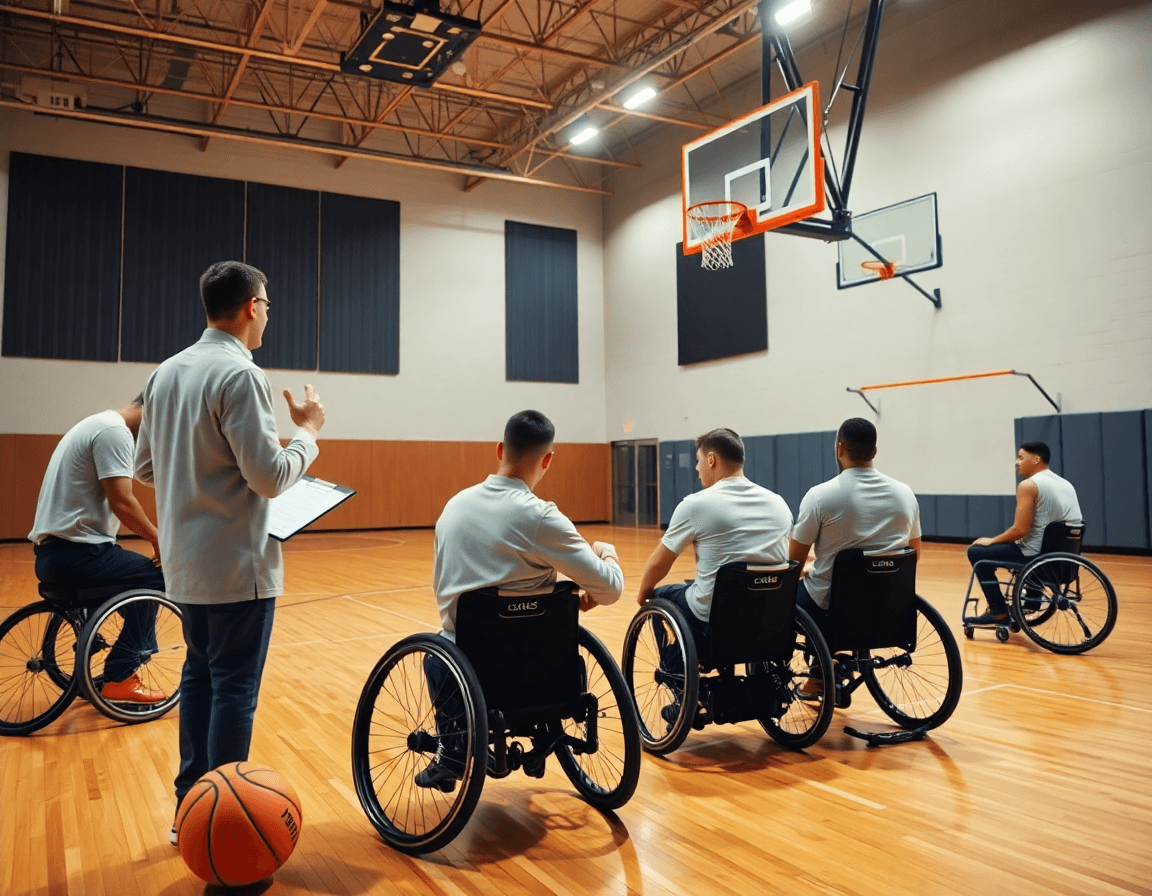 Allenamento basket in carrozzina: coach pianifica una settimana tipo sul campo accanto ai giocatori.