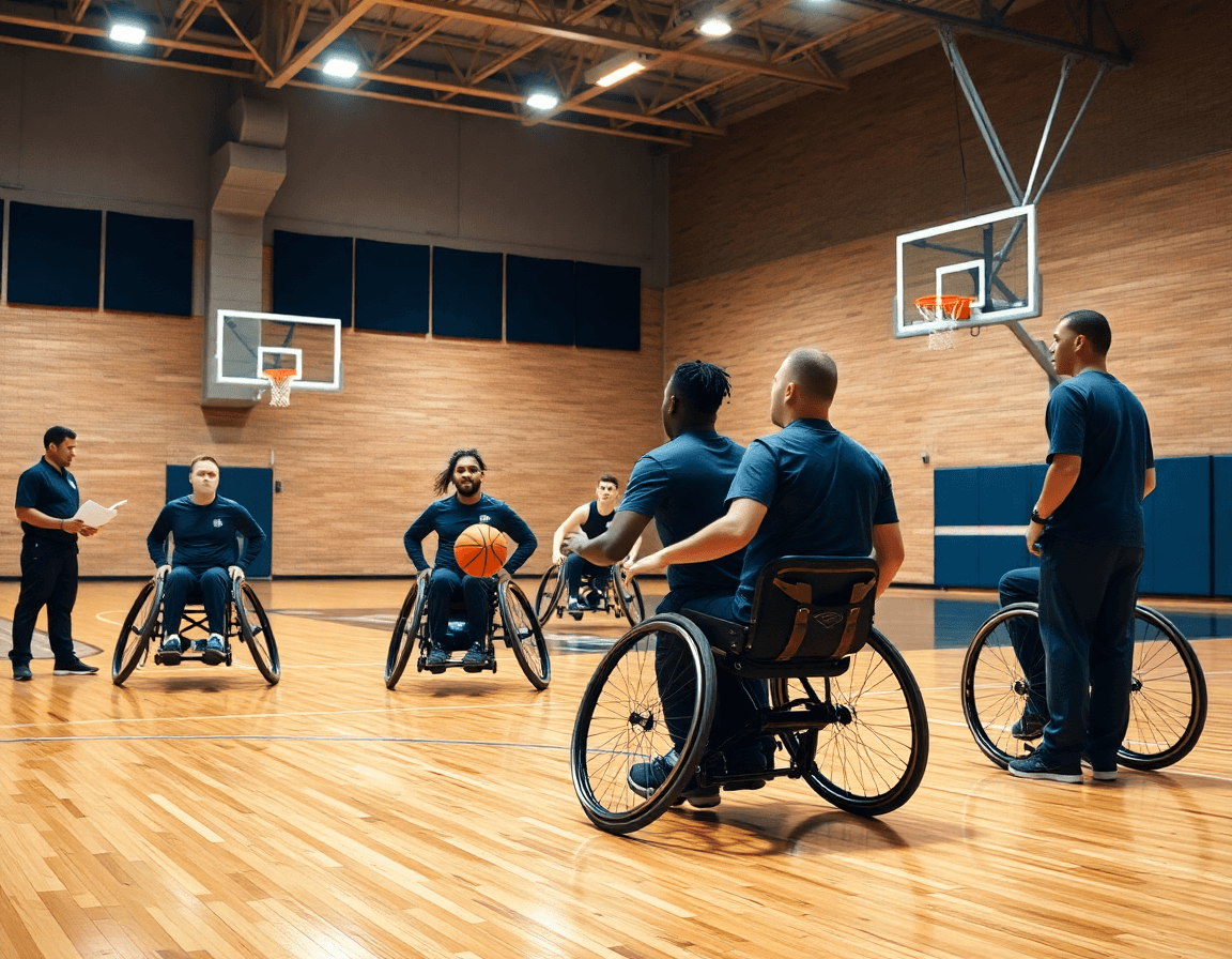 Allenamento basket in carrozzina: coach mostra schemi sul tavolo mentre i giocatori osservano con interesse.