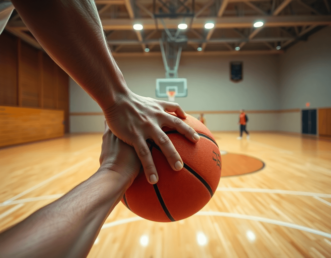 Allenamento basket in carrozzina: primo piano mani sul pallone arancione e veduta della palestra.