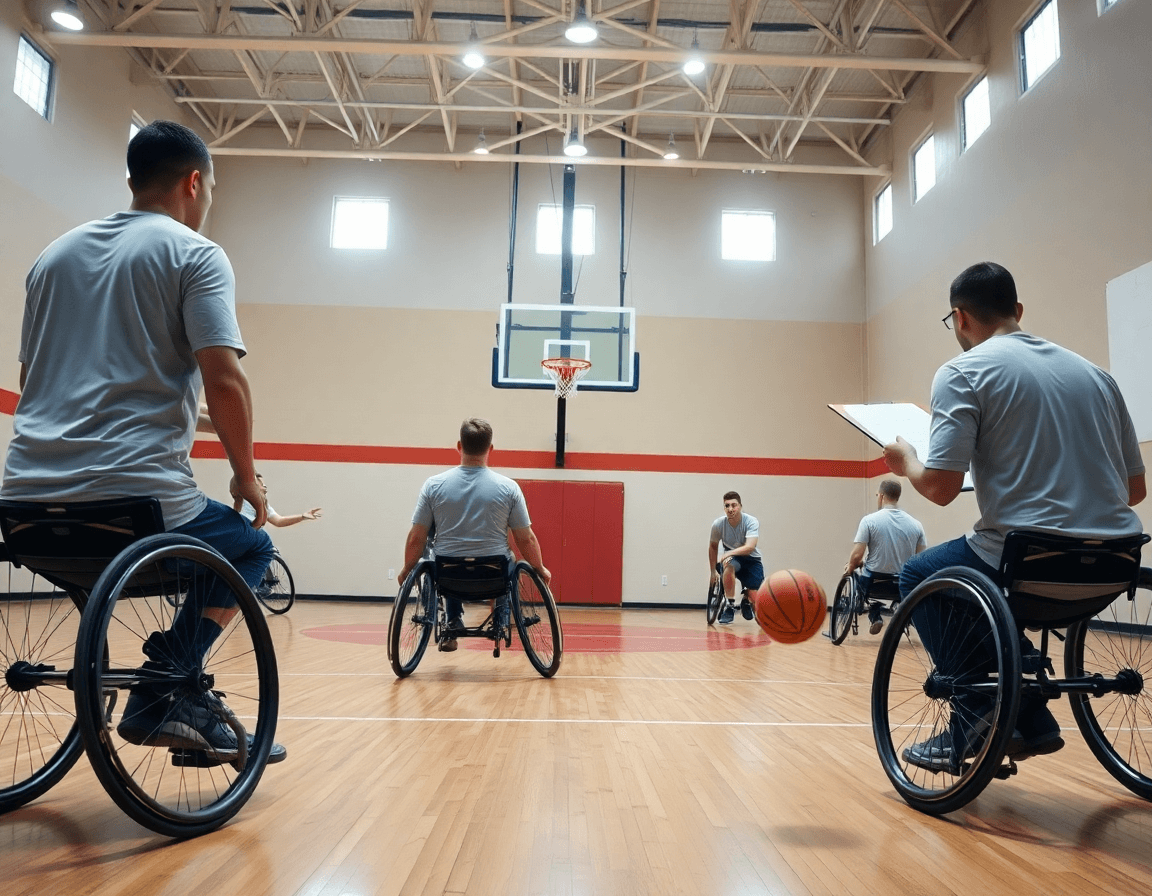 Allenamento basket in carrozzina: scena ampia di palestra con coach, giocatori e pallone arancione.