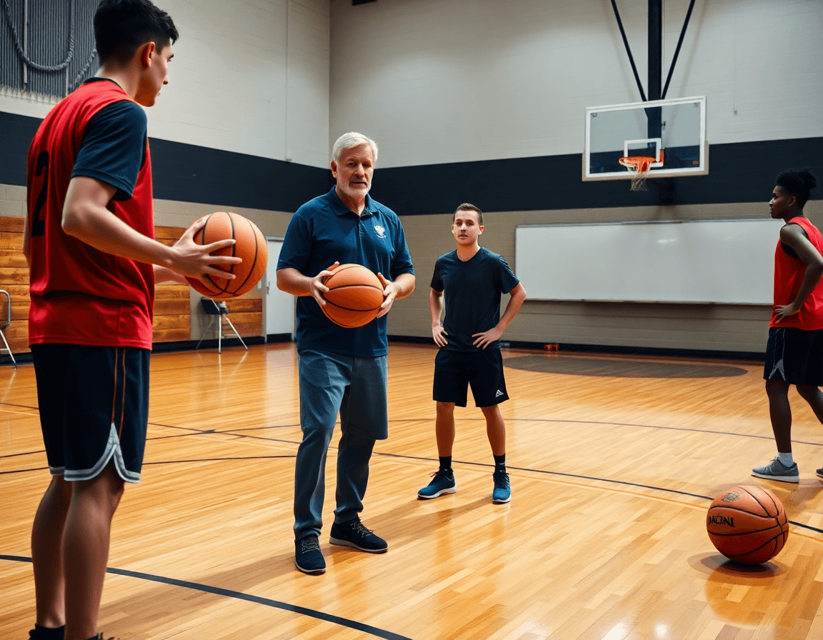 Primo piano su allenamento basket per principianti: coach guida passaggi e riesamina la tecnica.
