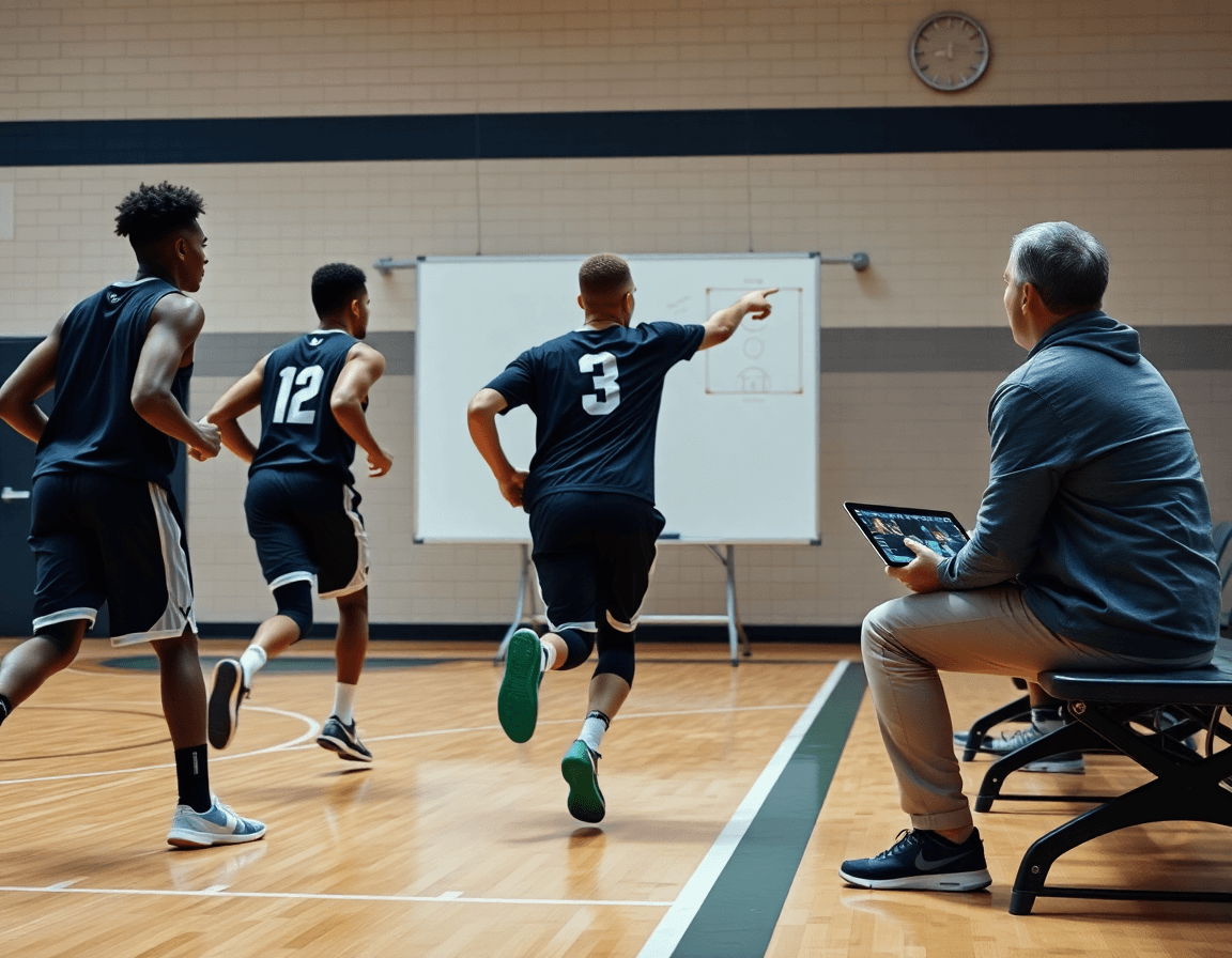 Allenamento basket per principianti: ripresa di gioco e spiegazione sul whiteboard vicino ai giocatori.