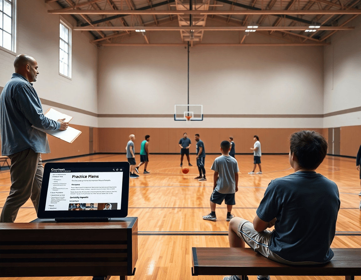 Allenamento basket per principianti: in palestra, coach mostra la sessione con whiteboard, video e strumenti CourtSensei.