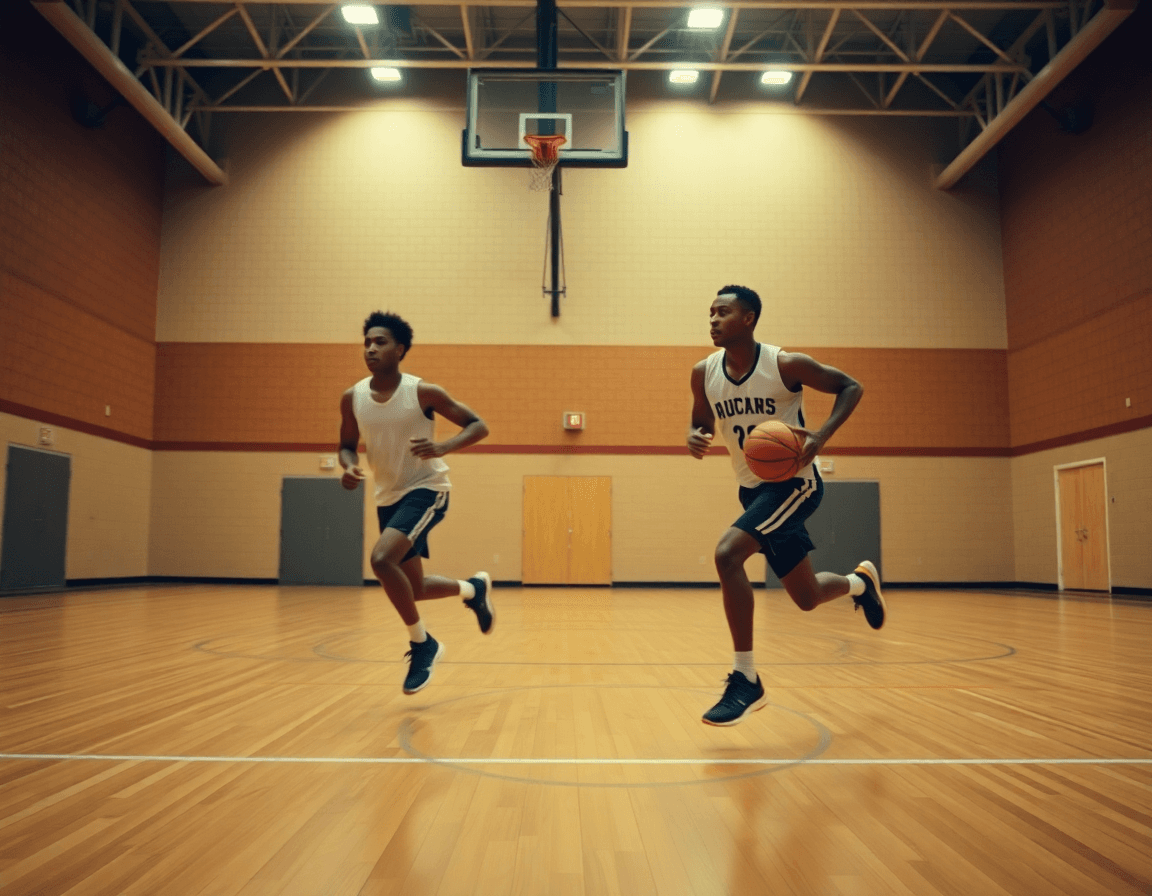 Players running a fast-break drill in practice