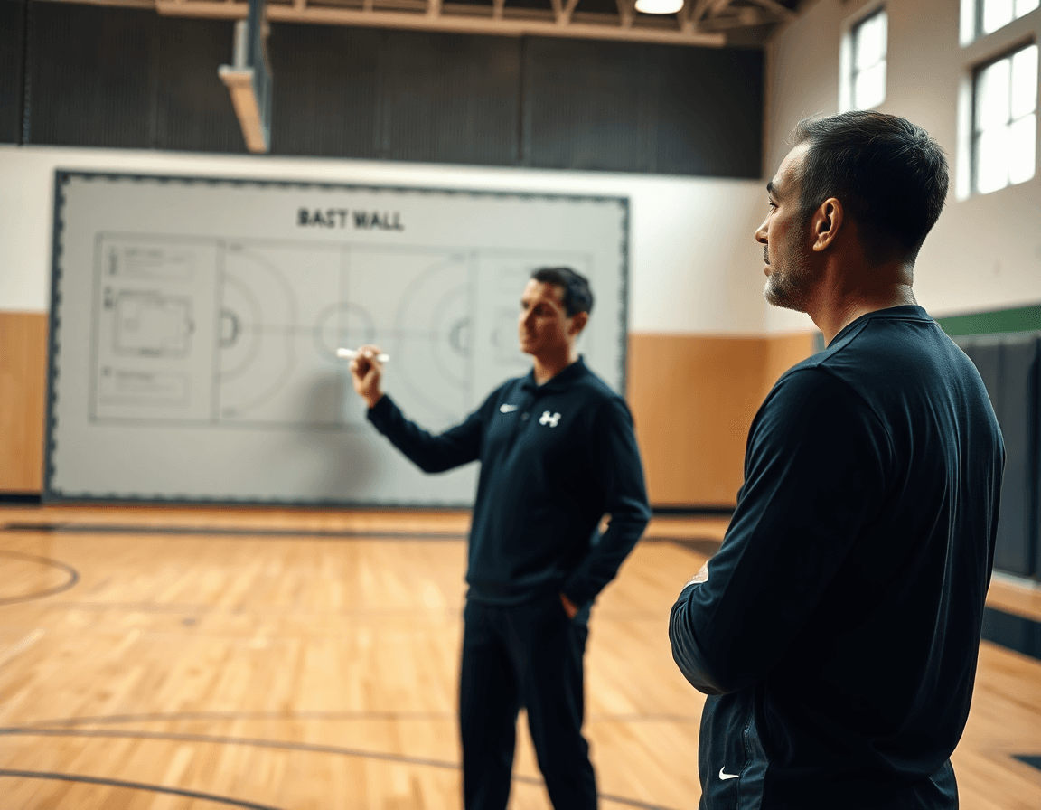 Coach explaining tactics on a gym whiteboard