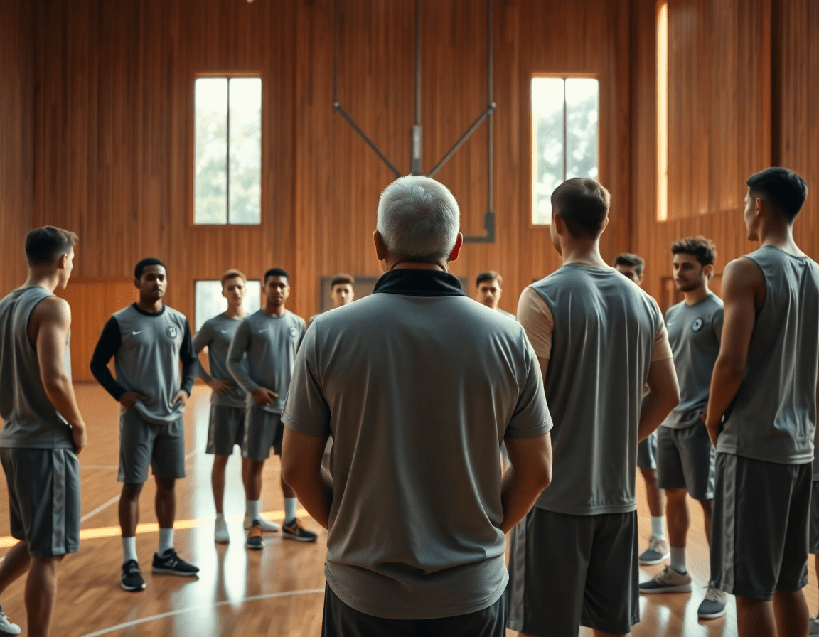Basketball coach leading a team practice in a gym