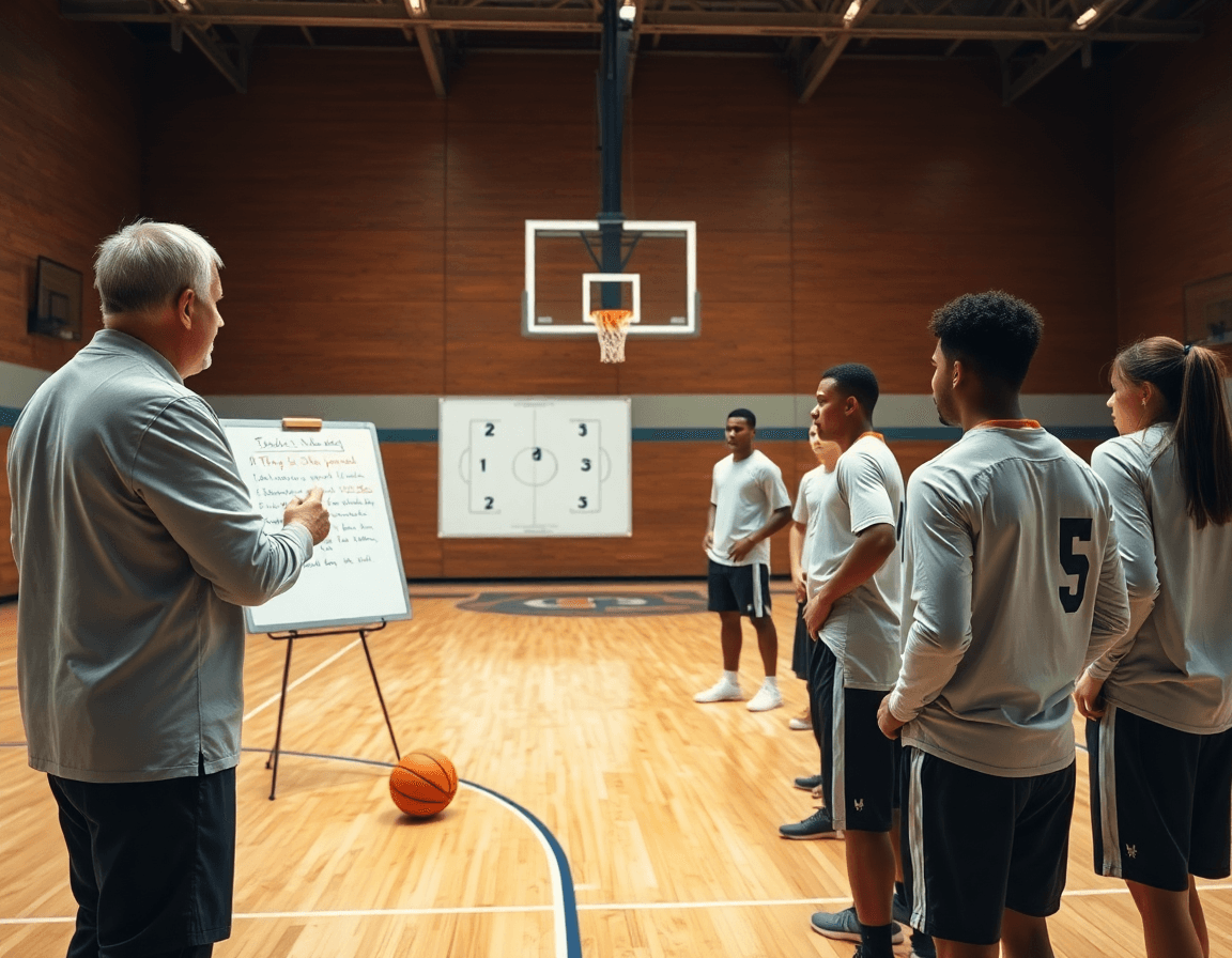 allenatore pallacanestro usa una lavagna tattica per definire azioni di basket mentre i giocatori osservano.