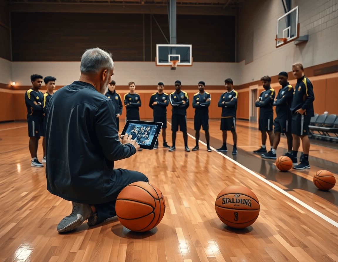 allenatore pallacanestro condivide clip video di basket ai giocatori sul parquet, durante l'allenamento.