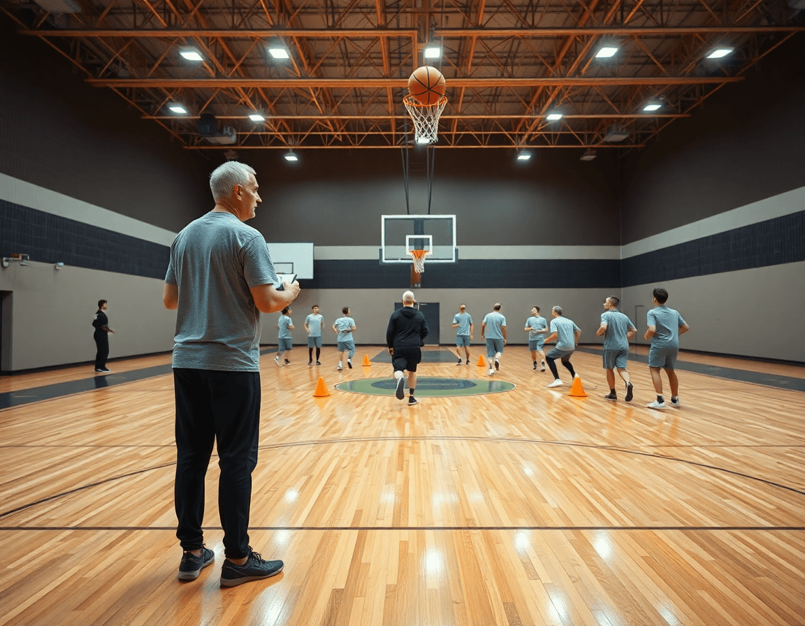 allenatore pallacanestro dirige una sessione di squadra su una palestra di basket, osservando i movimenti.