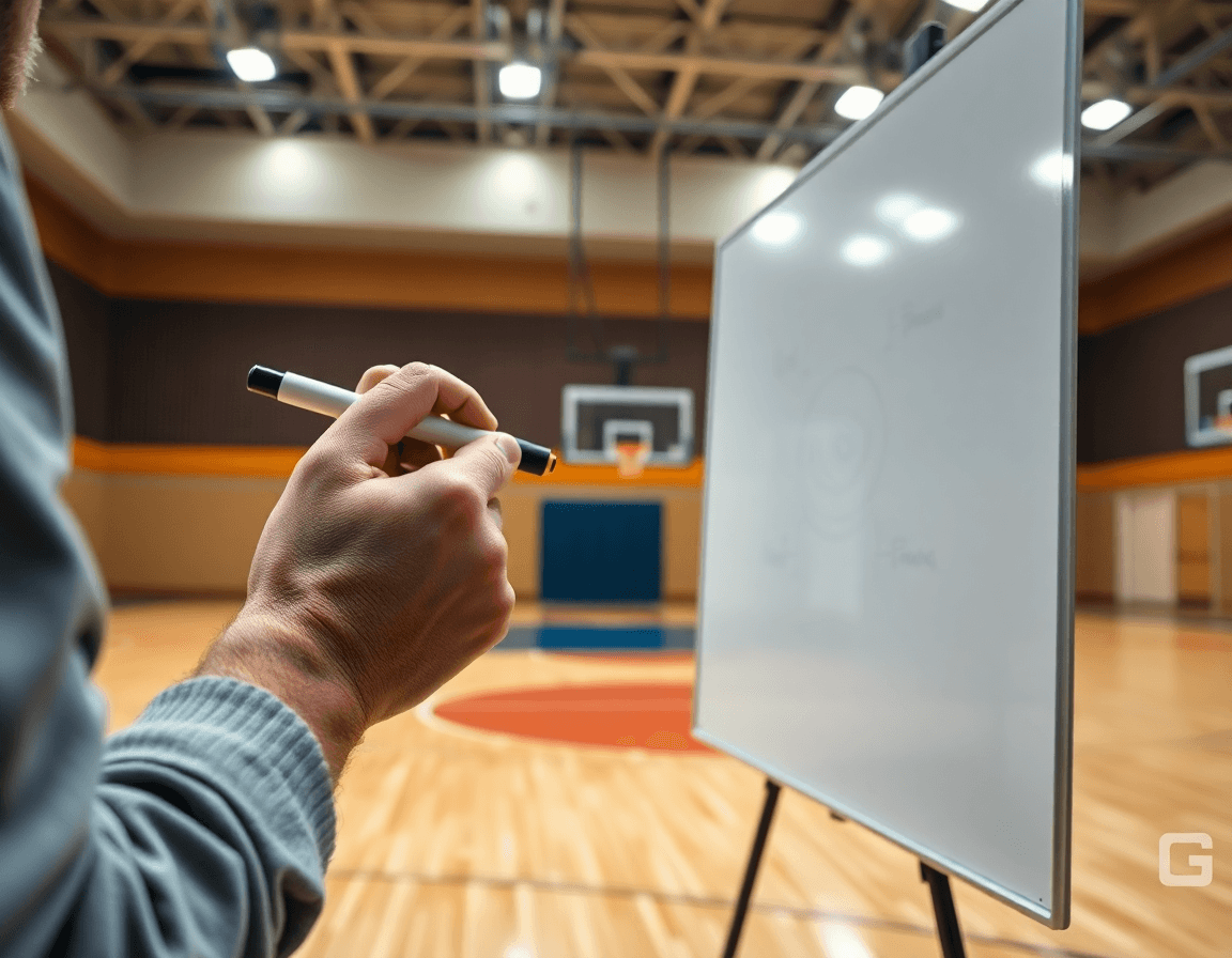 Primo piano sull'allenatore che illustra basket attacco alla zona sul whiteboard mentre i giocatori osservano.