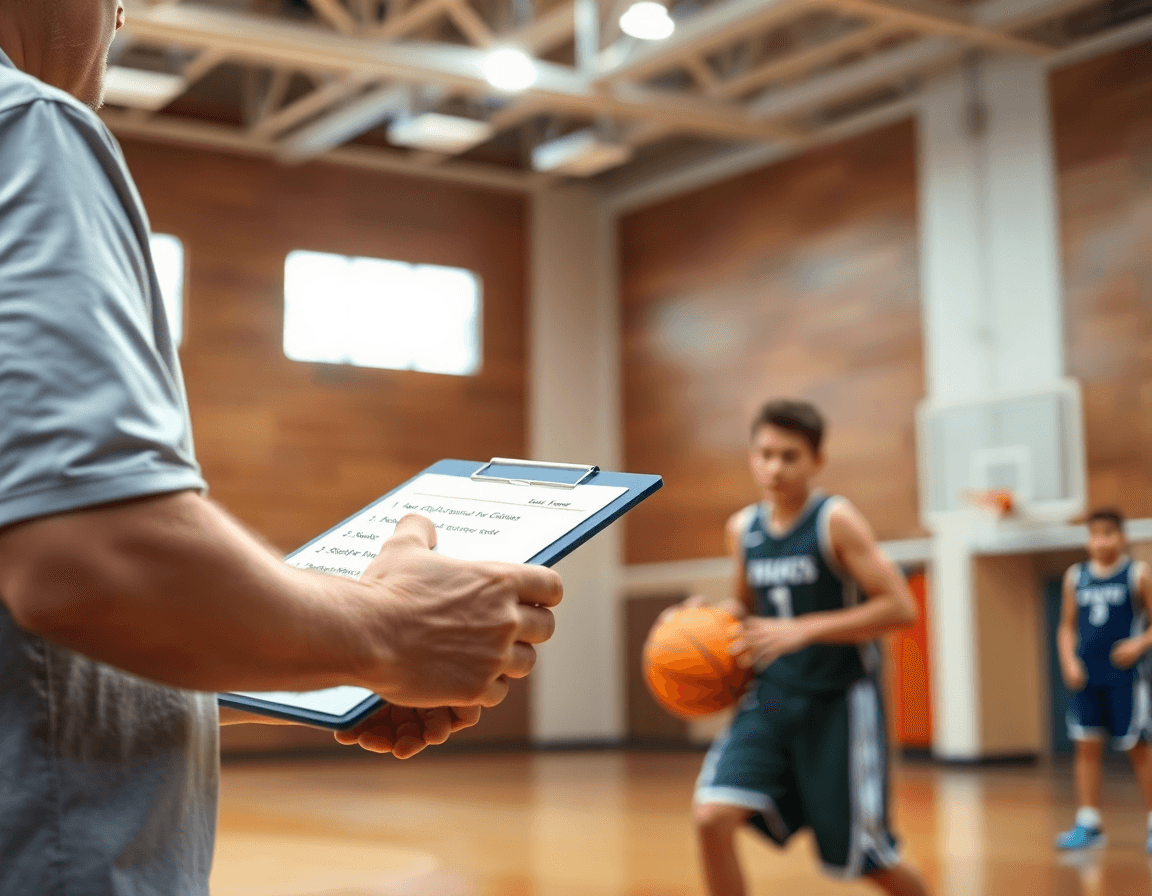 Primo piano sul coach con clipboard che guida una progressione semplice di dribbling per giovani giocatori nel basket.