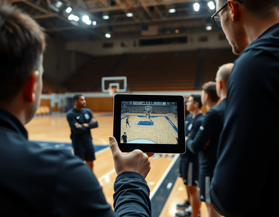 Primo piano sul coach che mostra una clip di basket sul tablet mentre i giocatori osservano sul parquet.