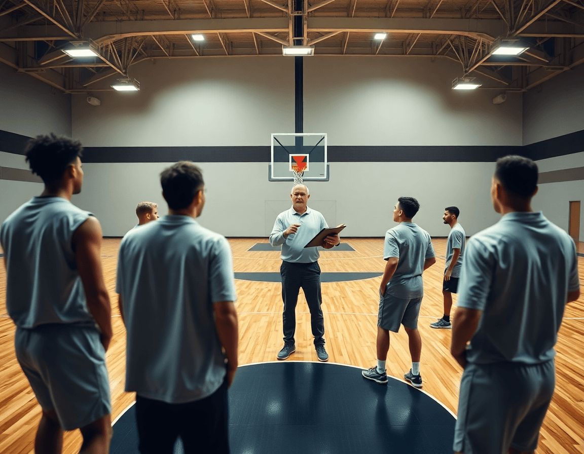 Scena ampia di basket attacco alla zona in palestra, coach dirige i giocatori durante l'allenamento.