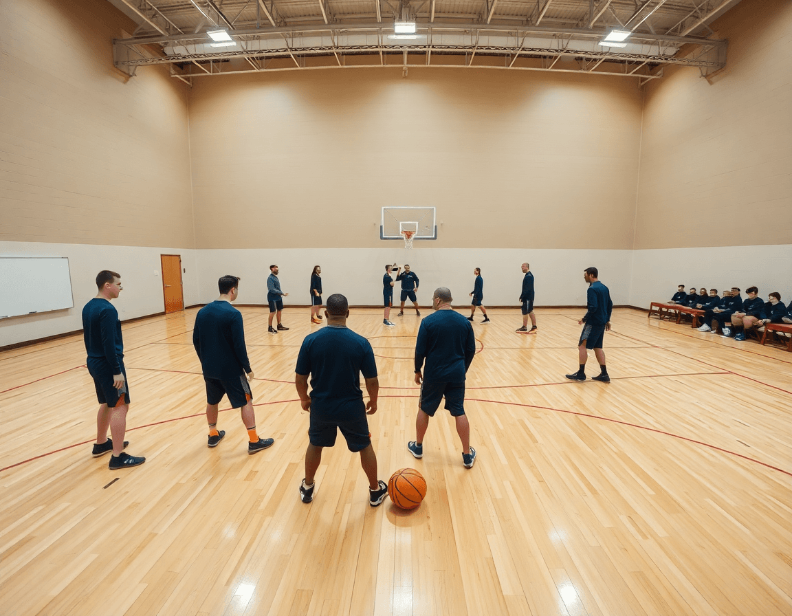 Attacco alla zona pari basket: pratica di squadra in palestra, coach spiega sul whiteboard.