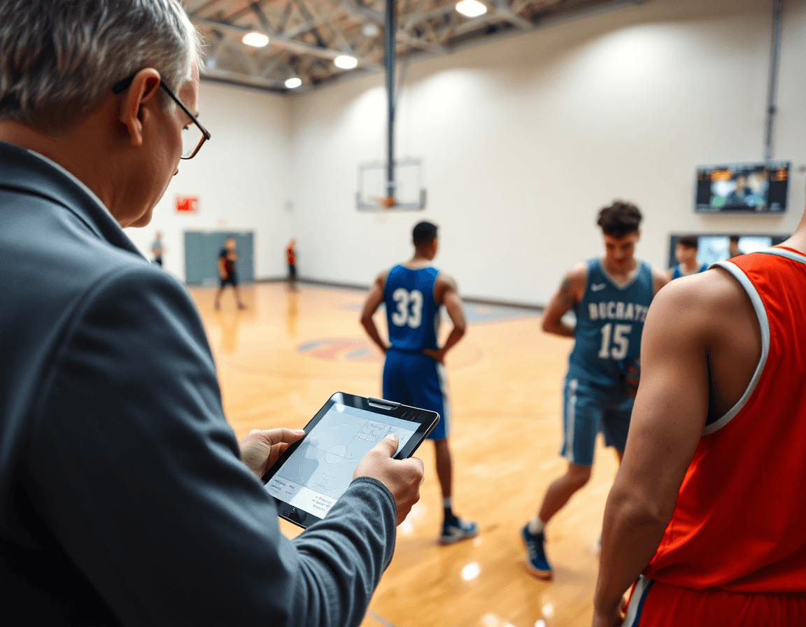 Scena di primo piano: coach con tablet pianifica attacco basket 4 esterni 1 interno mentre i giocatori corrono.
