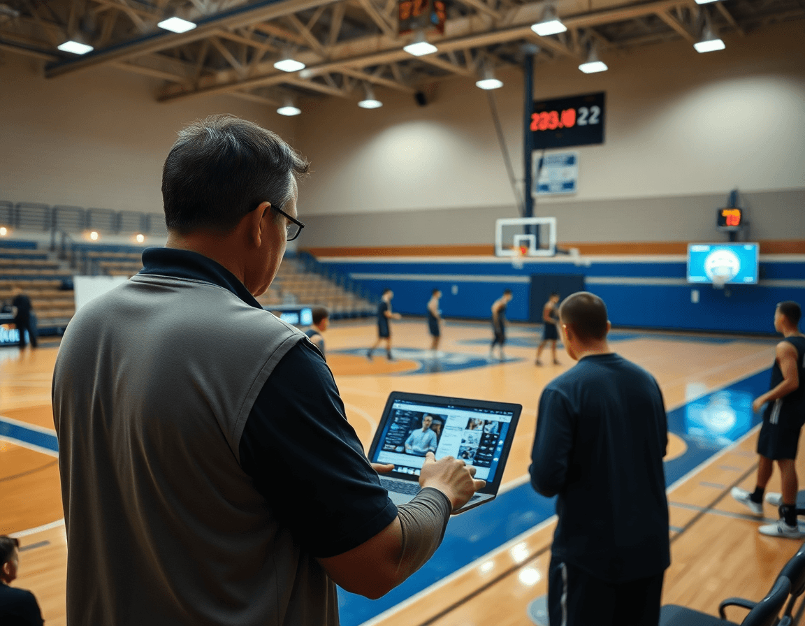 Analisi di scouting: attacco basket 4 esterni 1 interno, coach rivede clip sul laptop.