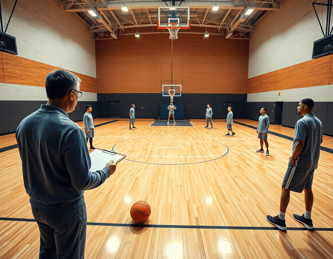 Scena ampia di palestra di basket con coach, cinque giocatori in attacco basket 4 esterni 1 interno.