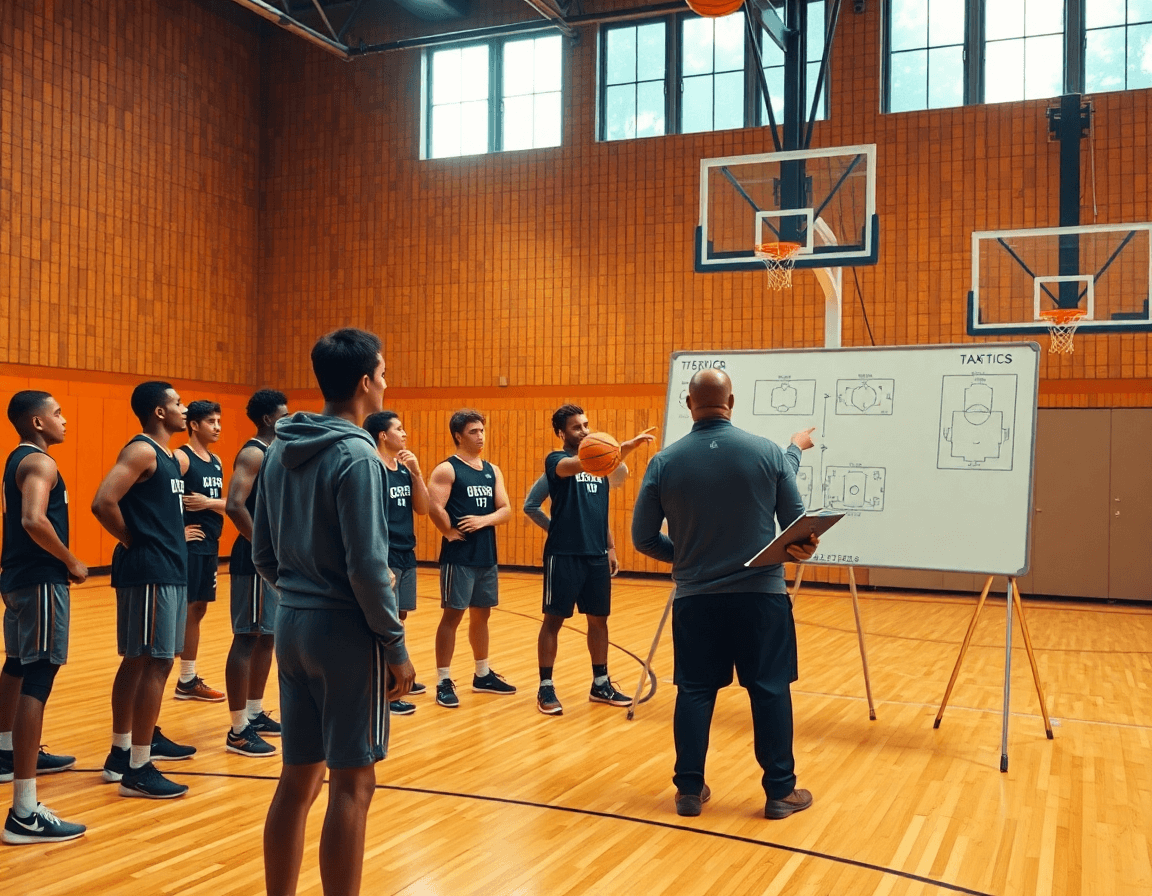 Vista ampia di attacco e difesa basket in palestra: coach con lavagna tattica e squadra concentrata.