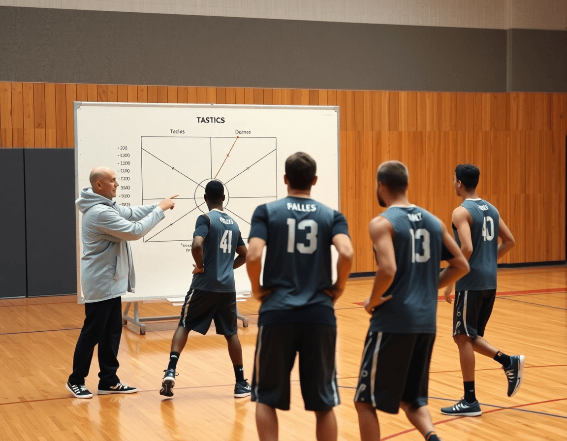 Allenatore in campo descrive attacco alla difesa a zona basket durante drill inside-out di basketball.
