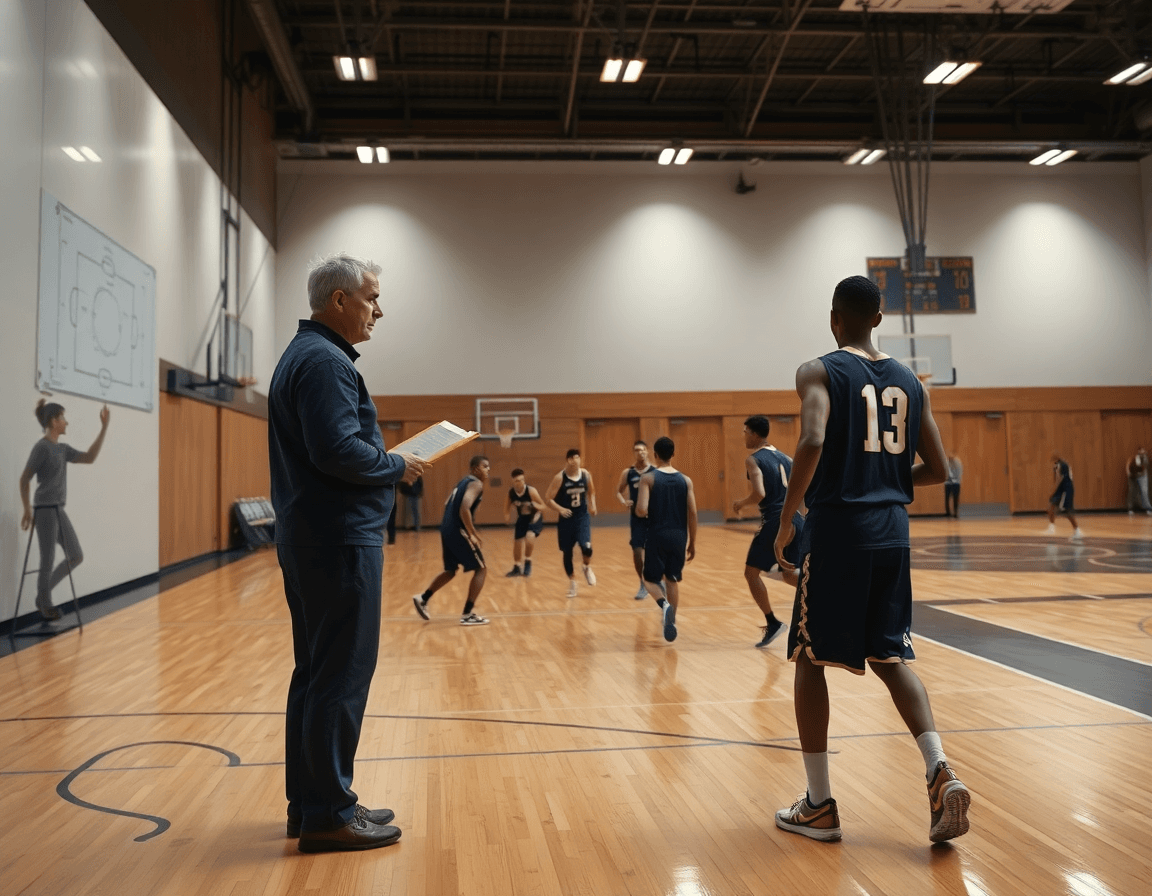 Allenatore con clipboard descrive attacco alla difesa a zona basket durante drill inside-out di basketball.