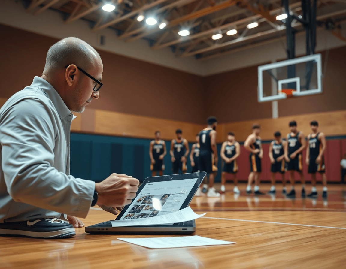 Allenatore rivede scouting sul tablet per attacco alla zona basket, mentre la squadra si allena sul basketball.