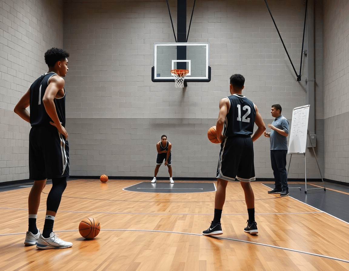Due giocatori di basket cercano i gap contro la difesa 3-2, mentre l'allenatore indica aperture sulla lavagna tattica.