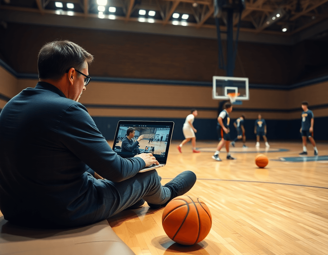 Allenatore rivede clip di basket su laptop mentre i giocatori praticano basket; flusso settimanale dal piano al video.