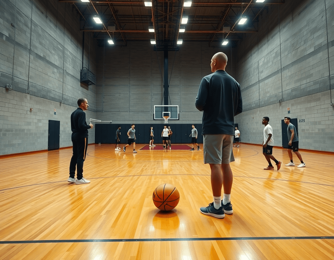 Scena ampia di basket attacco alla zona 3 2: l'allenatore con clipboard dirige la squadra.