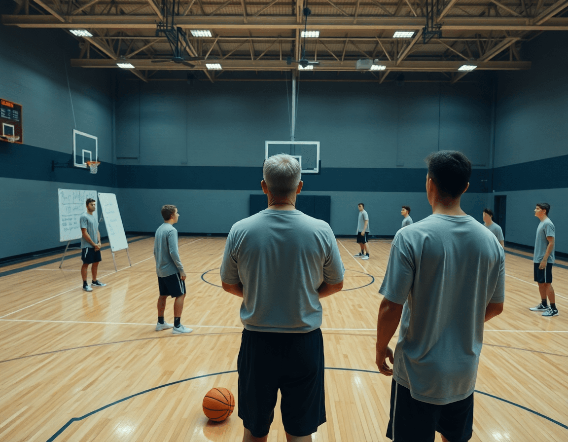Attacco zona basket: allenatore disegna piani settimanali sul whiteboard mentre i giocatori osservano l'allenamento.