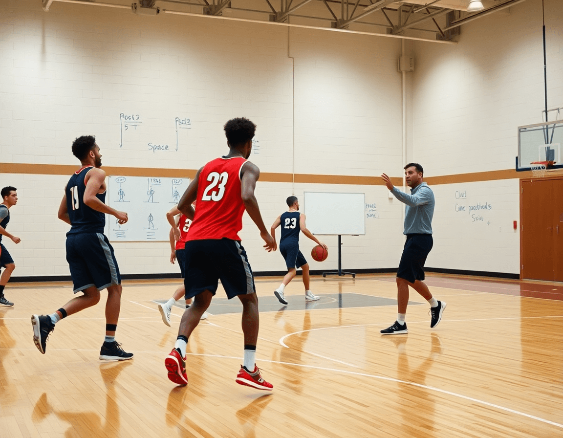 Giocatori eseguono una sequenza di passaggi e tagli, lavagna mostra lo schema di attacco zona dispari basket.