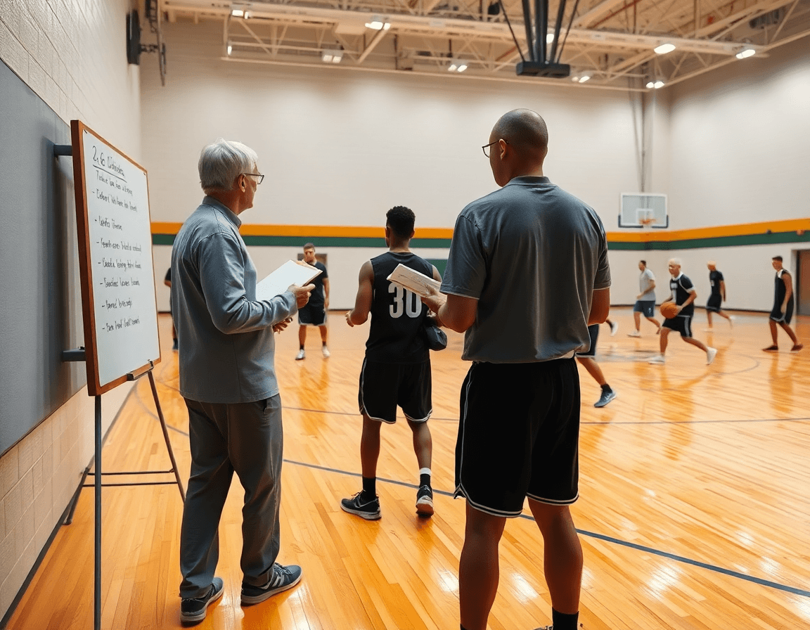 Scena di allenamento in palestra: attacco zona dispari basket guidato dall'allenatore con lavagna bianca.