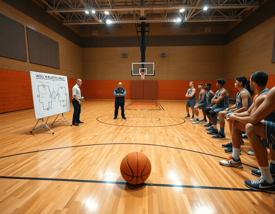 Allenatore al centro mostra layout di basket attacco alla box and one durante l'allenamento.