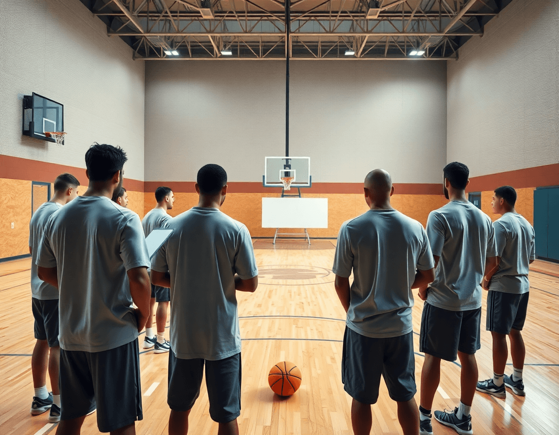 Scena di basket in palestra con coach e squadra mentre definiscono basket attacco alla box and one.