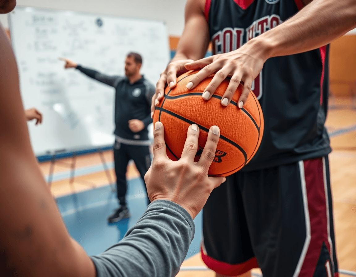 Dettaglio di basket attacco alla uomo: mani, palla e lavagna tattica in primo piano.