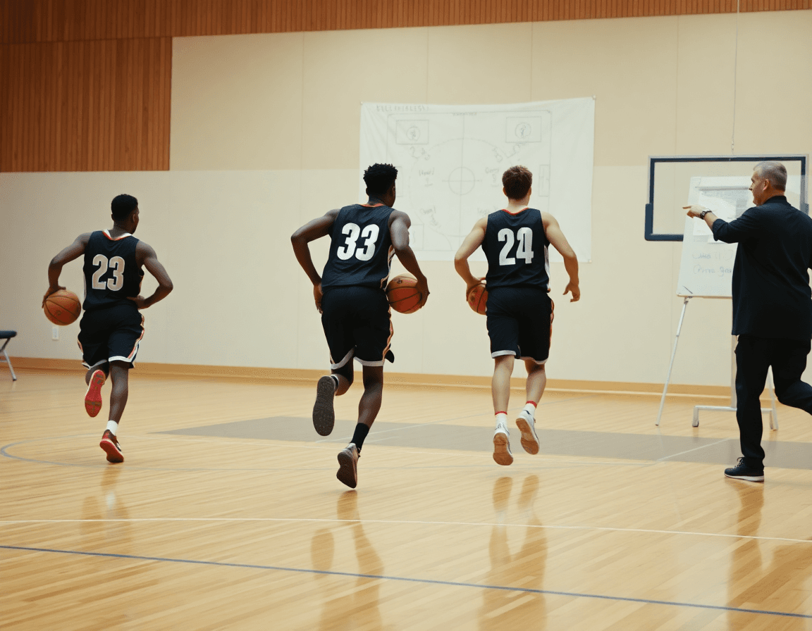 Quadro di basket attacco alla uomo: giocatori corrono una serie di esercizi sul campo di basket.