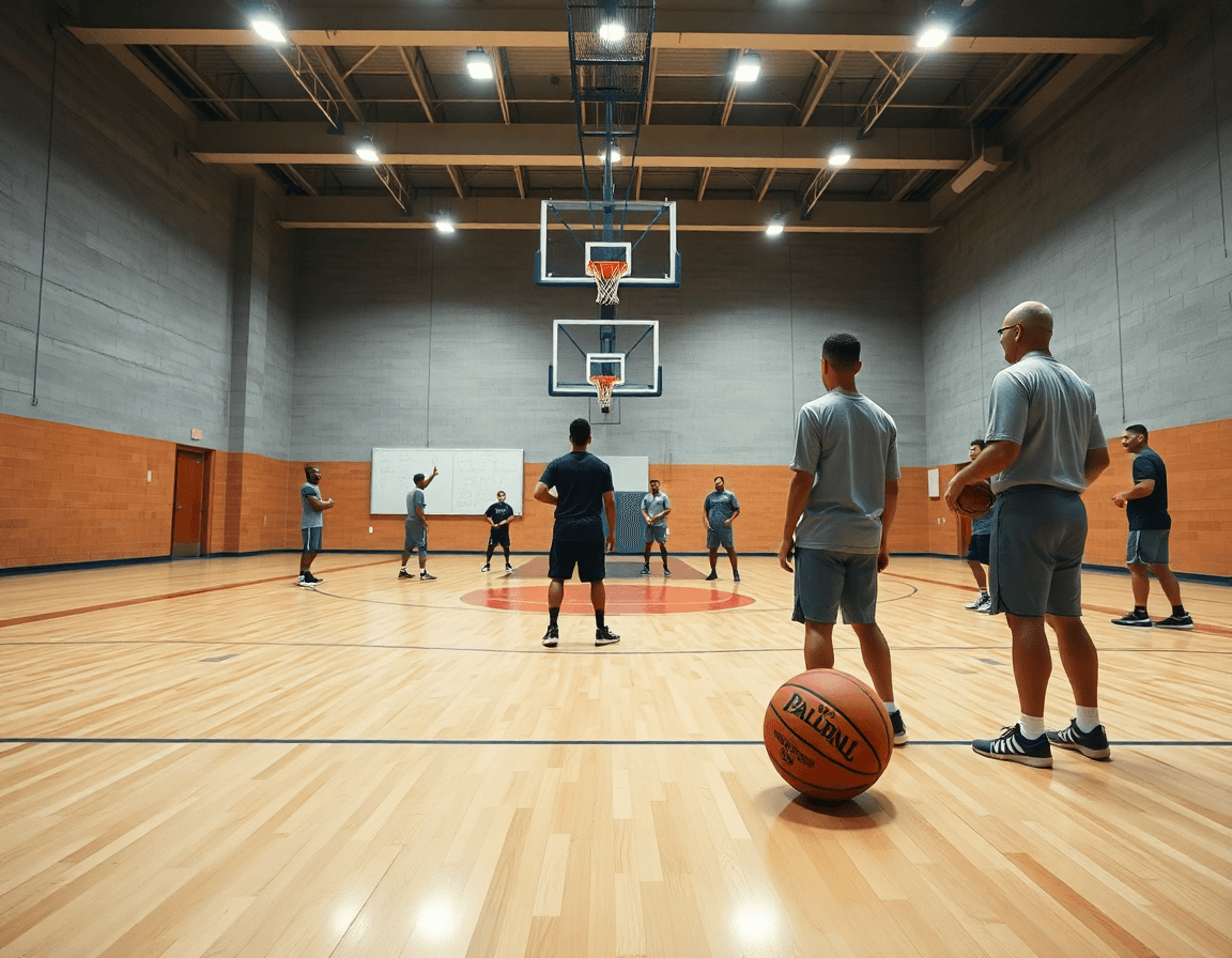 Scena ampia di basket in palestra, basket attacco mezza ruota mostrato da coach e squadra durante allenamento.