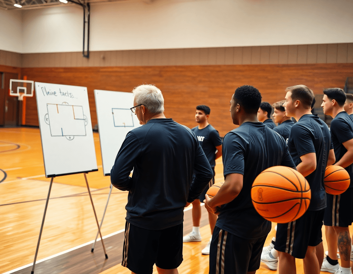 Scena di basket attacco zona 3 2: coach indica schemi sulla lavagna tattica mentre i giocatori ascoltano.